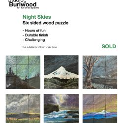 Night Skies: Hand painted cube puzzle. 6 puzzles in one. A rotating display of original art when place on an easel. One of a kind. Night Skies: Hand painted cube puzzle. 6 puzzles in one. A rotating display of original art when place on an easel. One of a kind.