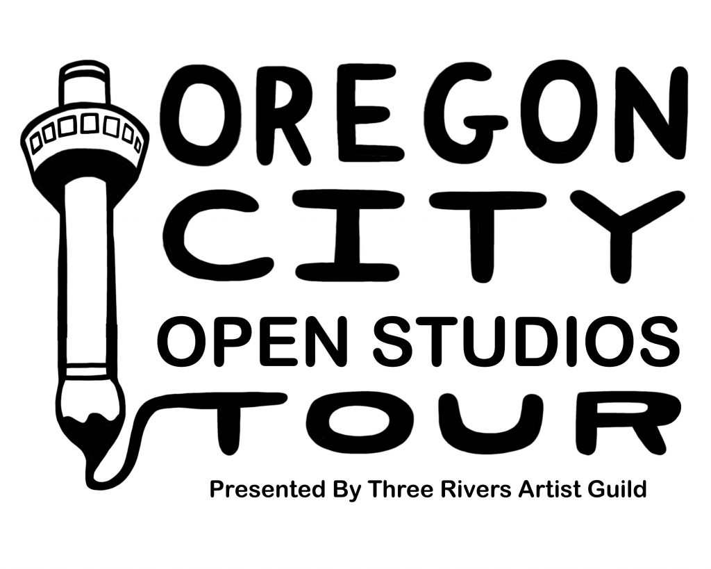 Black and white stylized image of the Oregon City public elevator on the left and the words "Oregon City Open Studios" on the right
